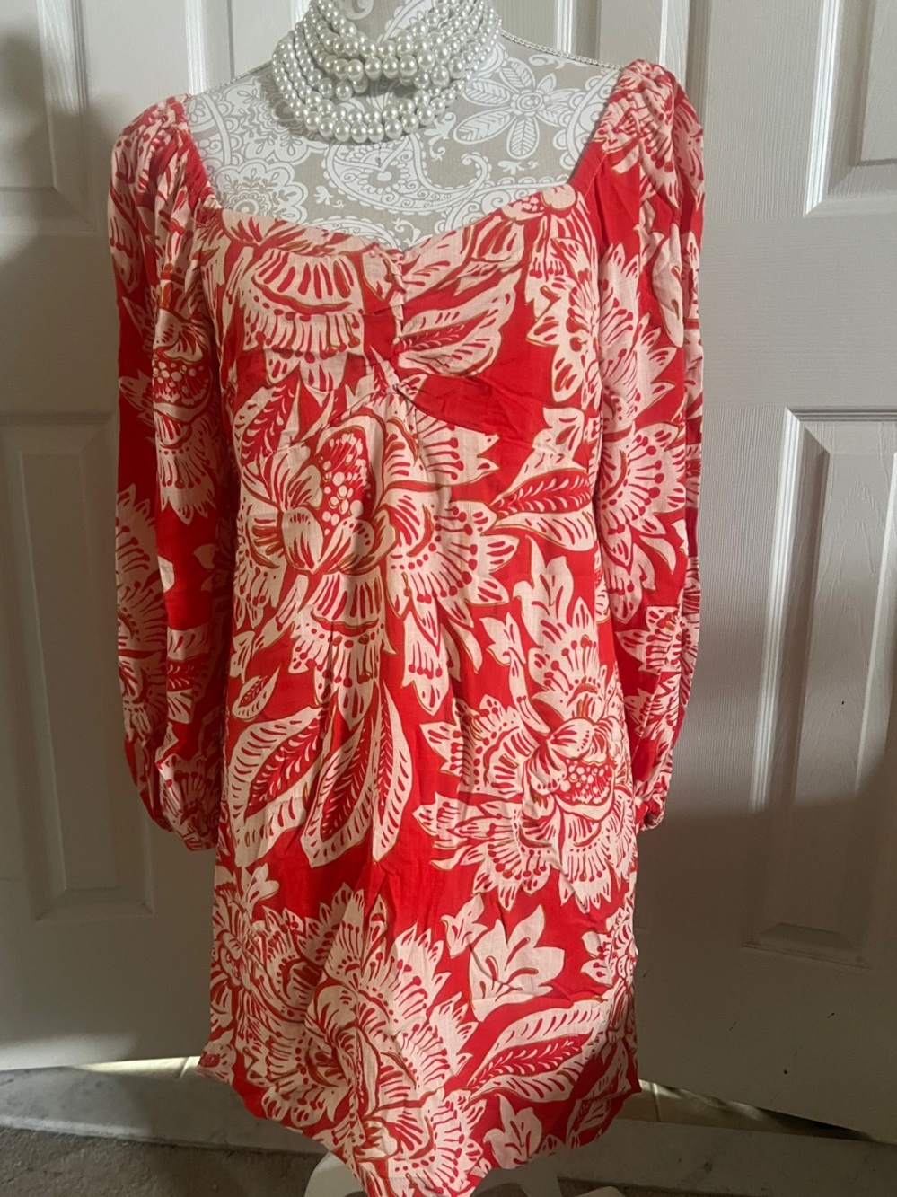 Red - orange  Tunic with Cream Floral Print